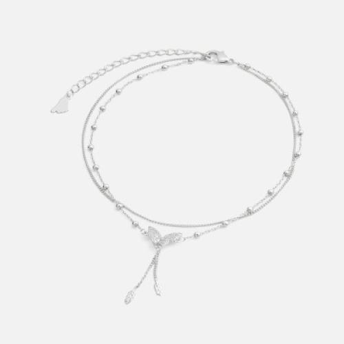 ‎ خلخال نسائي فضي حلية بشكل فراشة مرصعة بالزركون البراق