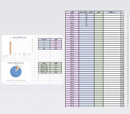 ملف تحليل نتائج الاختبار من 15 درجة Excel