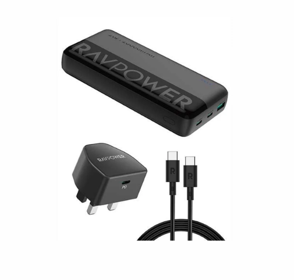 بكج راف باور بطارية بقوة 20 واط بسعة 20000 ملي امبير بمنفذين تايب سي ومنفذ يو اس بي مع + شاحن جداري بقوة 20 واط بمنفذ تايب سي + سلك تايب الى تايب سي