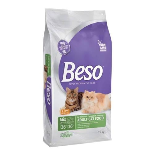 بيسو طعام جاف باللحم والدجاج للقطط البالغه بعدة احجام Beso