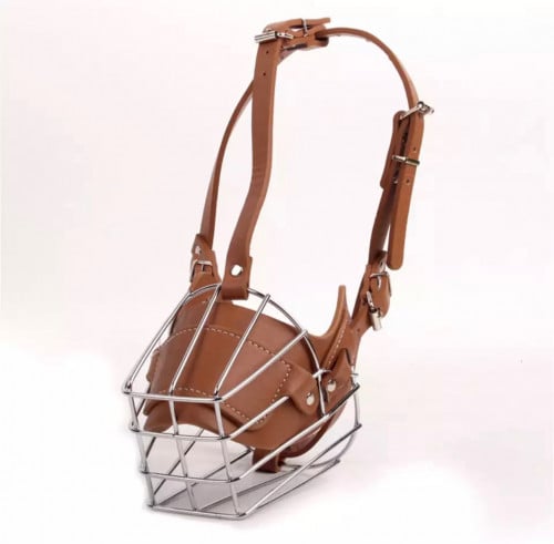 قناع حديد مع جلد للكلاب مانع للعض بني كبير