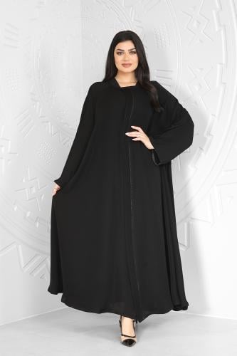 عباية قماش كريب انترنت دبل كلوش مزينة بخطوط أسود أ...