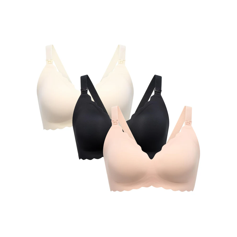 مومكوزي جيلي ستريب - حمالة صدر للرضاعة بتصميم سلس وزهور بارزة مع تأثير الرفع - موديل YN46 - أسود، بيج، وكريمي مقاس XL - طقم من 3 قطع