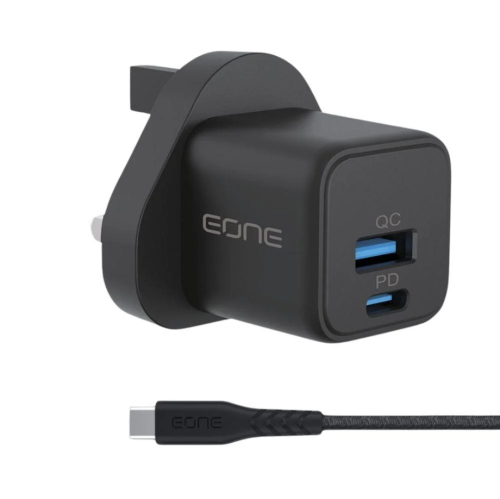 فيش جداري 20 واط منفذين USB+PD مع كابل تايب سي C من EONE أسود