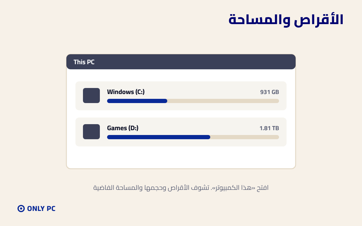 الأقراص والمساحة في هذا الكمبيوتر