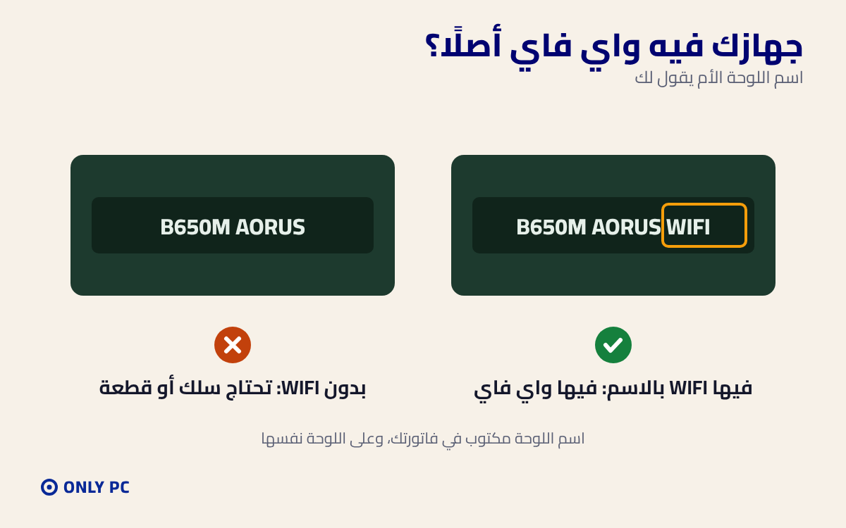 معرفة إذا اللوحة الأم فيها واي فاي من اسمها