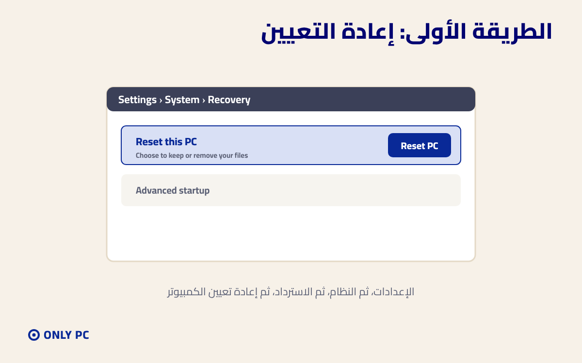 إعادة تعيين الكمبيوتر من إعدادات الاسترداد