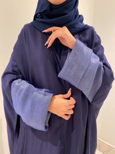 عبايه قطن ايطالي كحليه مع كم لينن كحلي لماع