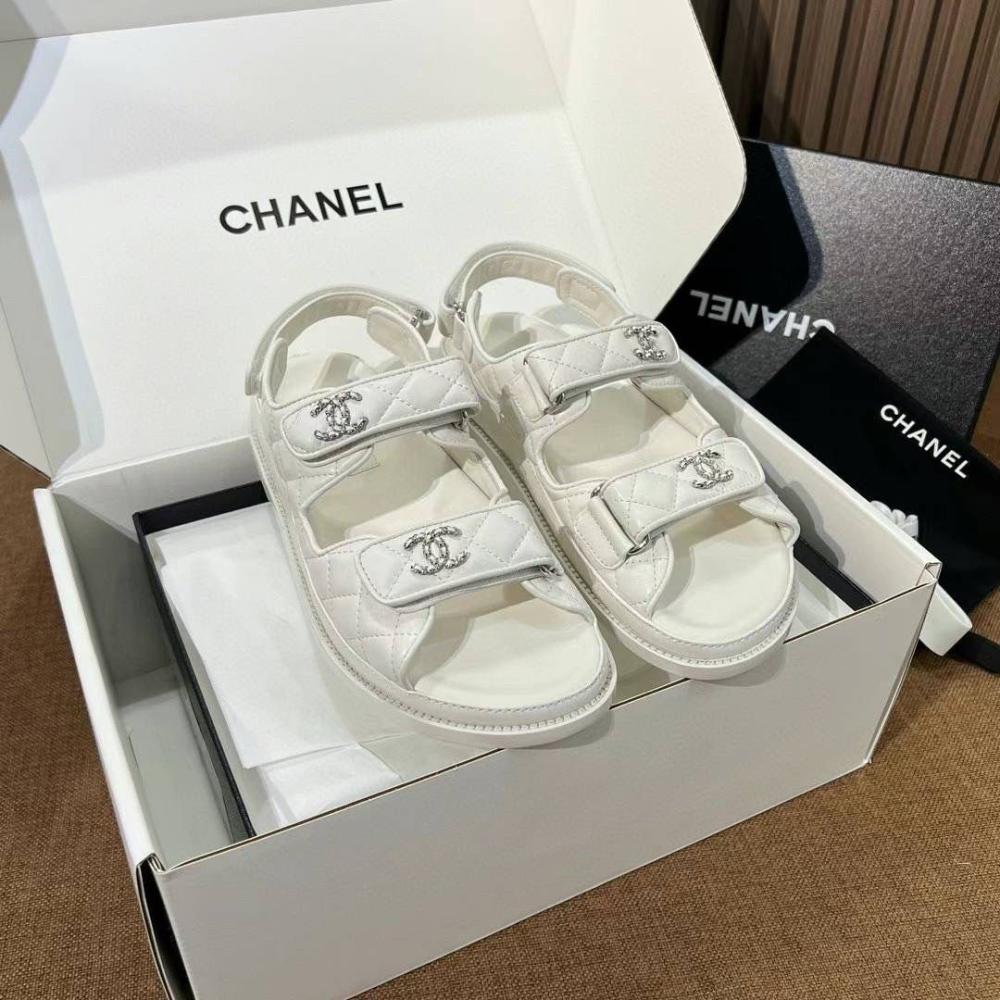 Chanel Sandal White With Silver Logo