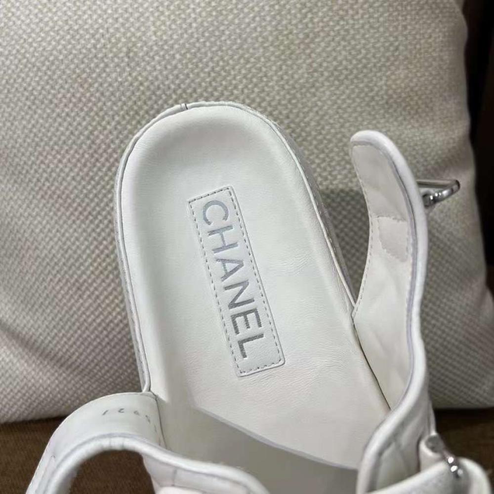 Chanel Sandal White With Silver Logo
