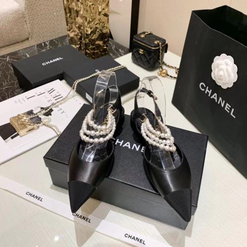 Chanel Sling Back Leather Flat With Pearl