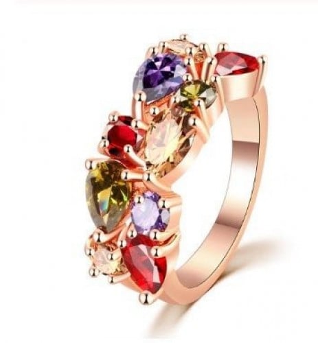 خاتم نسائي مطلي بالذهب ومزين بالزركون الكوبي الملون مقاس 7 أمريكي