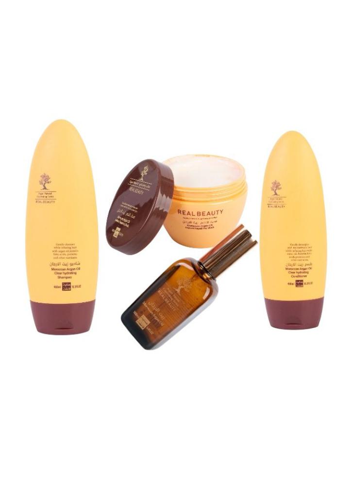 شامبو وبلسم وزيت الارجان من ريل بيوتي مجموعة العناية الاولى والاكثر مبيعا للعناية بالشعر مكونة من 4قطع