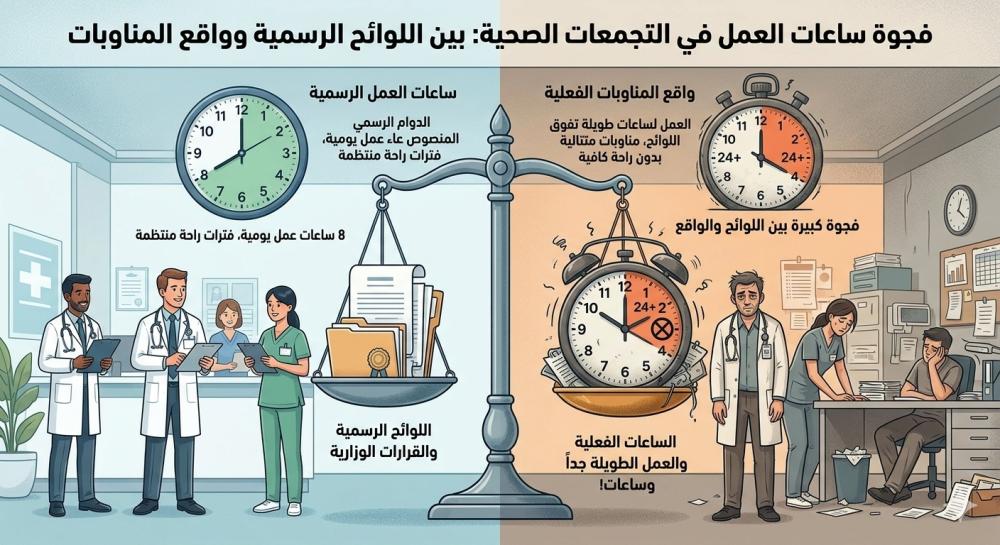 ساعات العمل في التجمعات الصحية الفجوة بين اللائحة الرسمية وواقع المناو