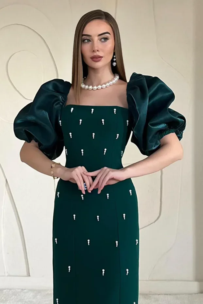 فستان مطرّز بتفاصيل على الأكمام وزخارف أنيقة