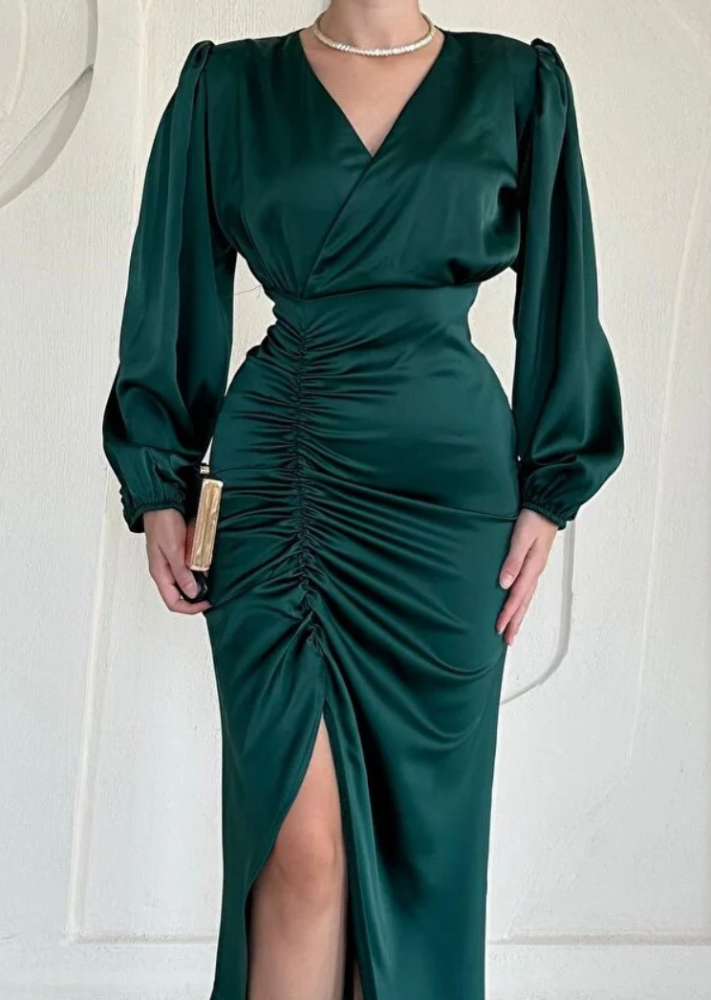 فستان ساتان بياقة V(زيتي)