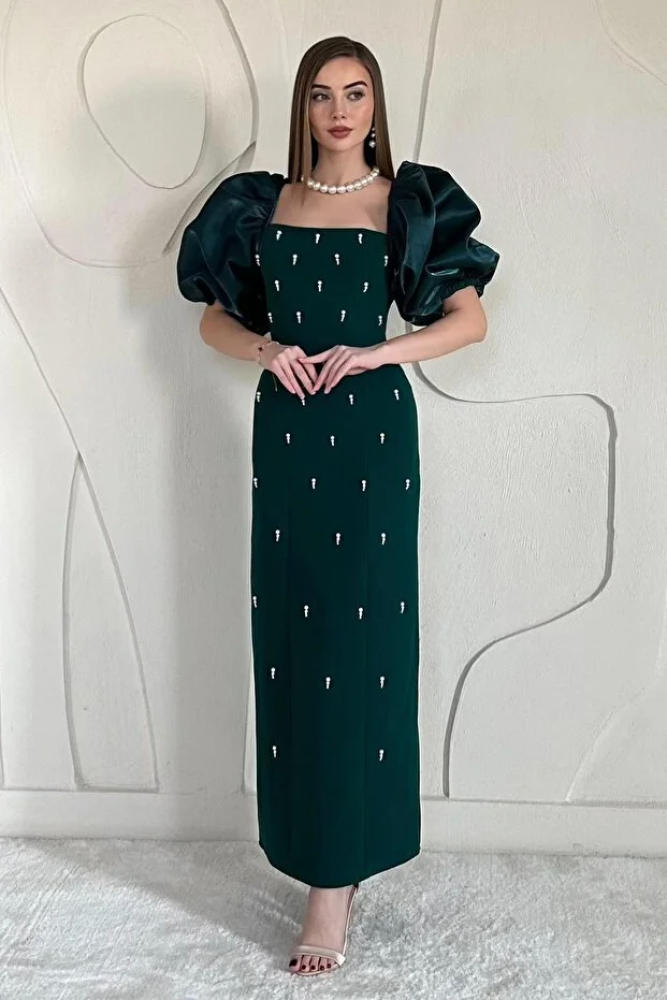 فستان مطرّز بتفاصيل على الأكمام وزخارف أنيقة