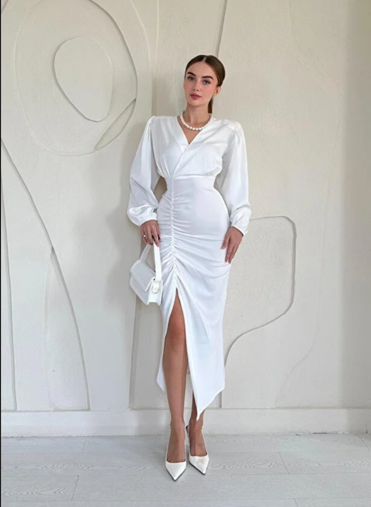 فستان ساتان بياقة V(ابيض)