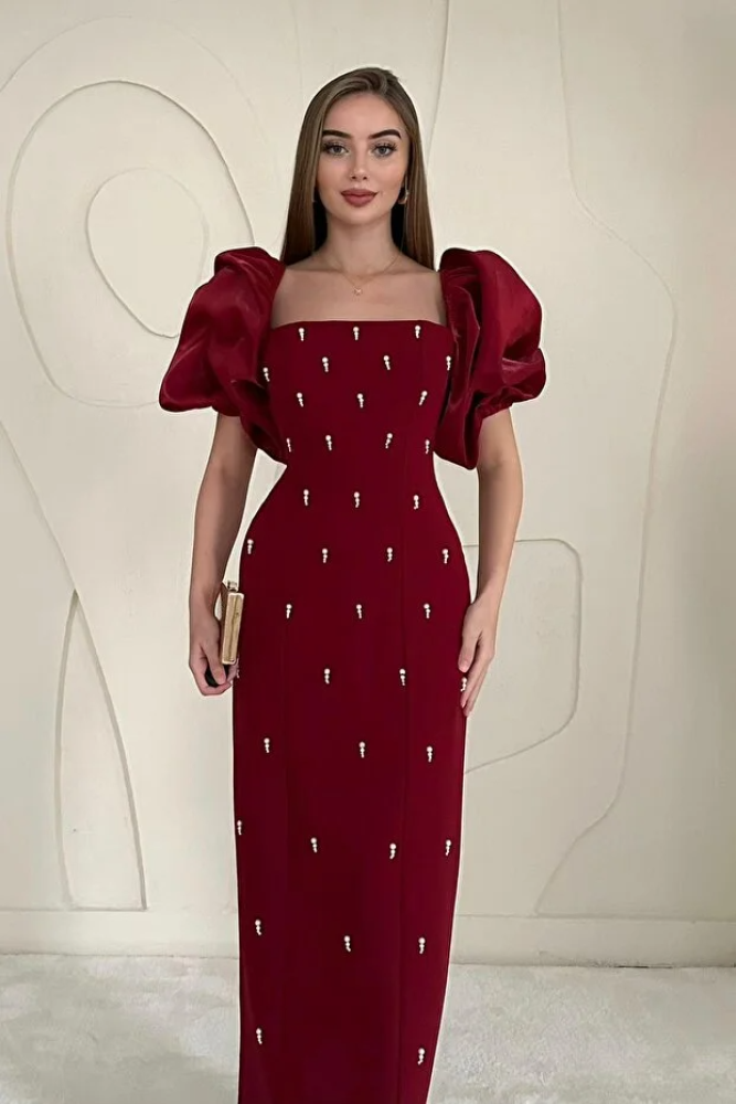 فستان مطرّز بتفاصيل على الأكمام وزخارف أنيقة