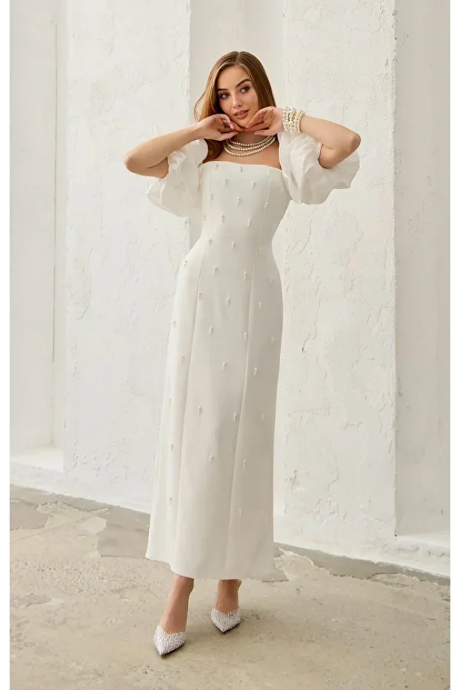 فستان مطرّز بتفاصيل على الأكمام وزخارف أنيقة