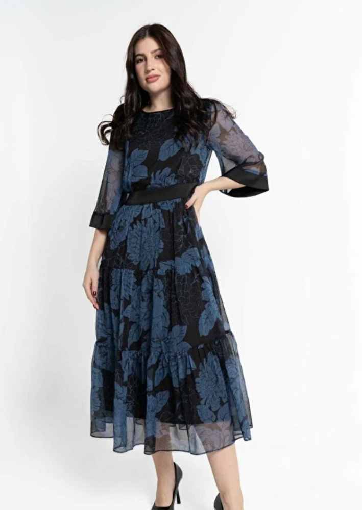 فستان شيفون مزهر بأكمام ¾