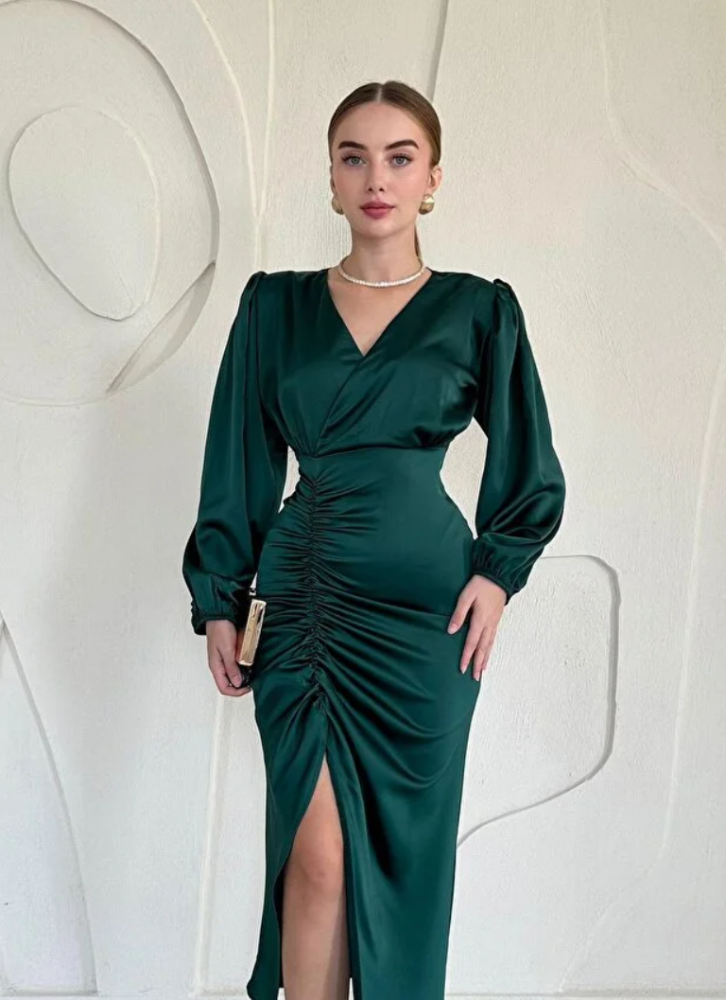 فستان ساتان بياقة V(زيتي)