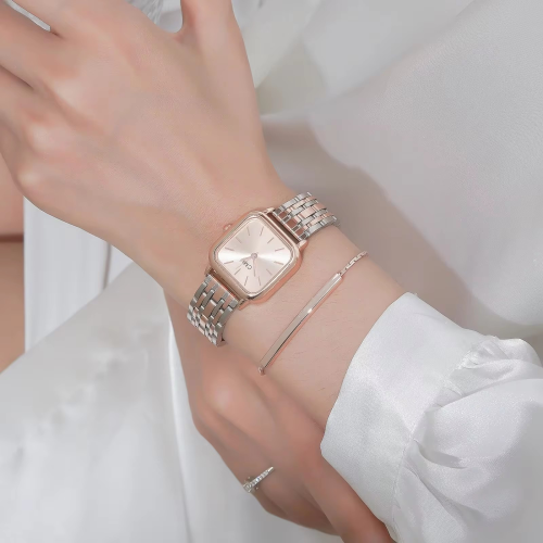 طقم سوار ساعة كوارتز للنساء ، حزام فولادي ، مربع ،...