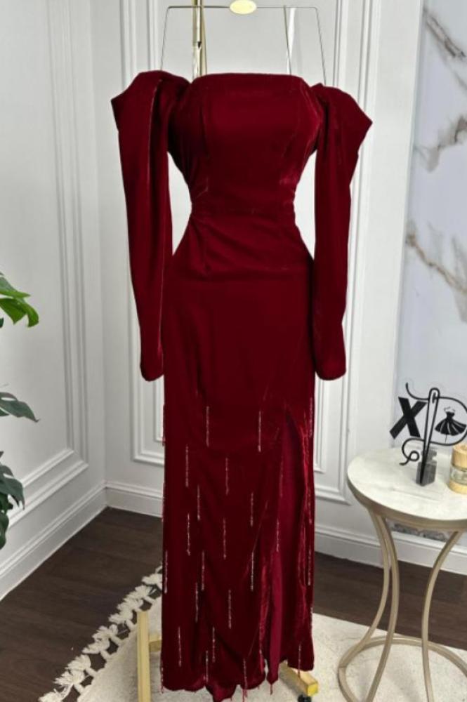 فستان سهرة أنيق شتوي لون عودي