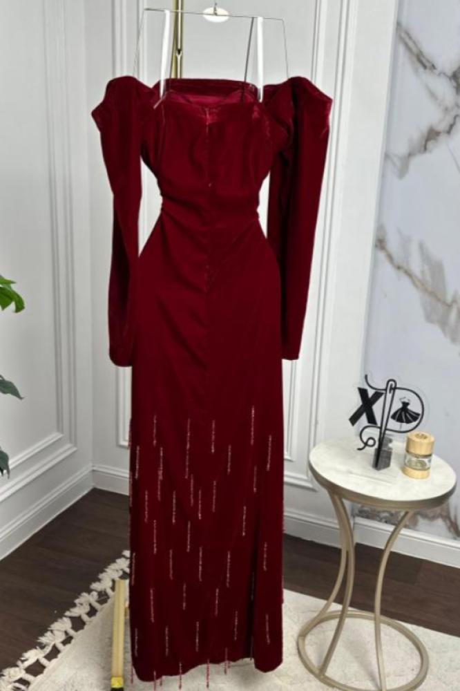 فستان سهرة أنيق شتوي لون عودي