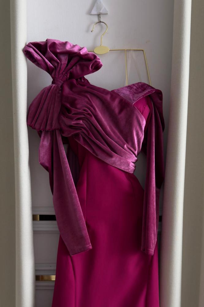 فستان سهره أنيق اوف شولدر لون فوشي