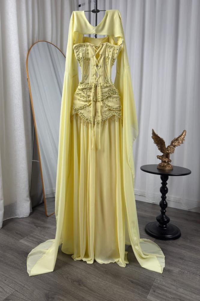 فستان سهره ناعم أوف شولدر بلون ليموني