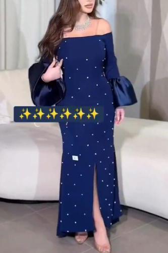 فستان سهرة ناعم مزين بأكمام طويله