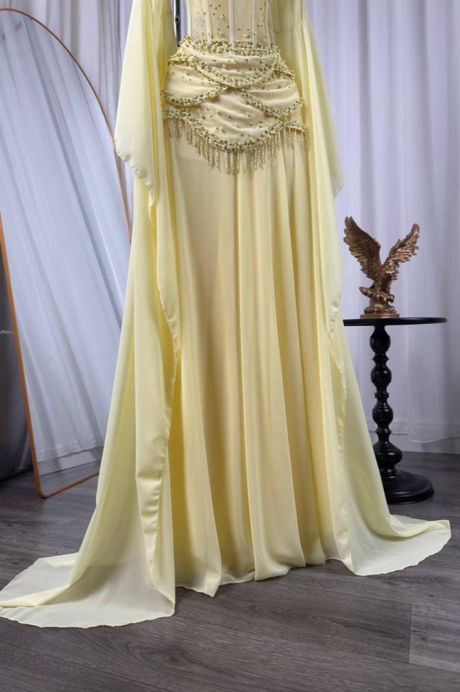 فستان سهره ناعم أوف شولدر بلون ليموني