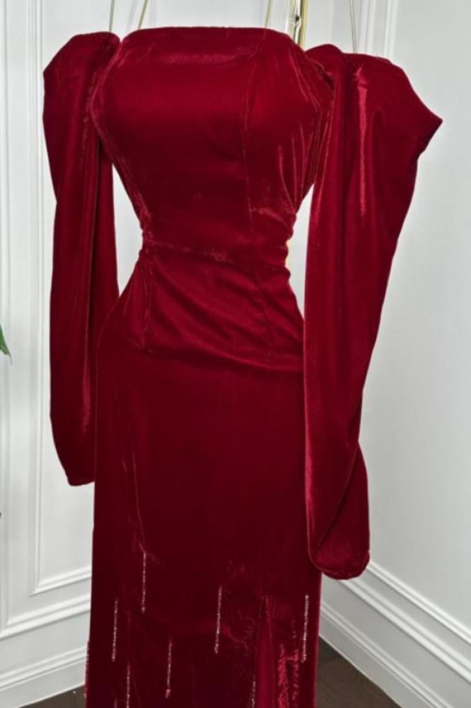 فستان سهرة أنيق شتوي لون عودي