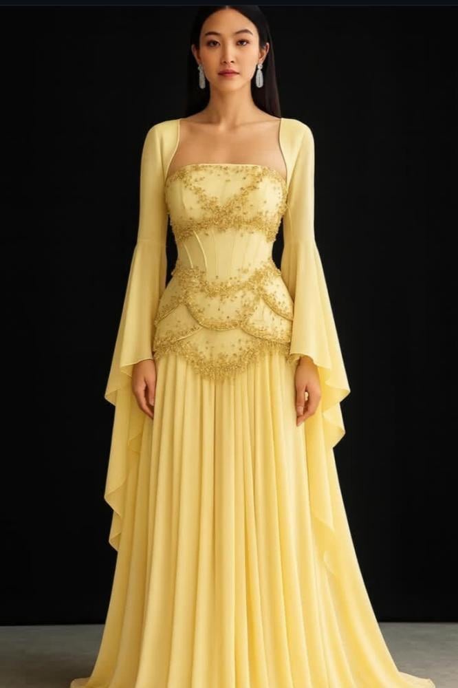 فستان سهره ناعم أوف شولدر بلون ليموني