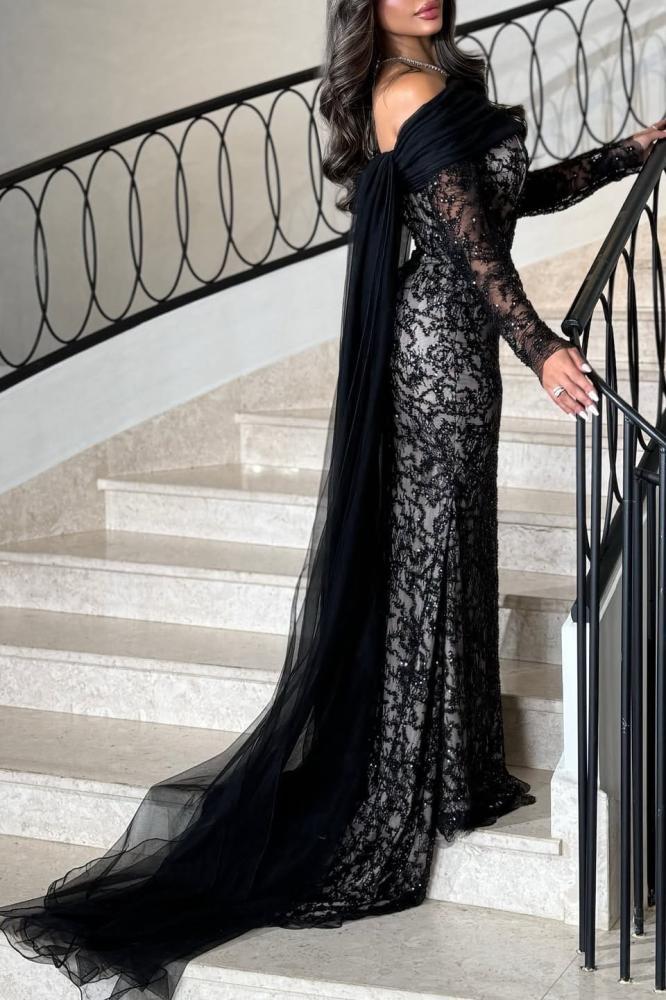 فستان سهرة أوف شولدر لون اسودو فضي