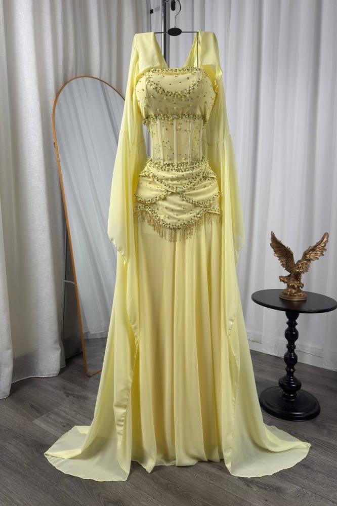 فستان سهره ناعم أوف شولدر بلون ليموني