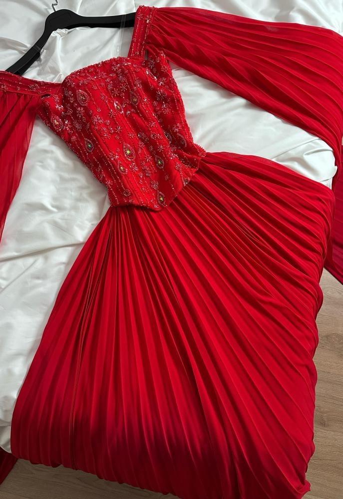 فستان سهره كاب أوف شولدر لونين احمر + بيج