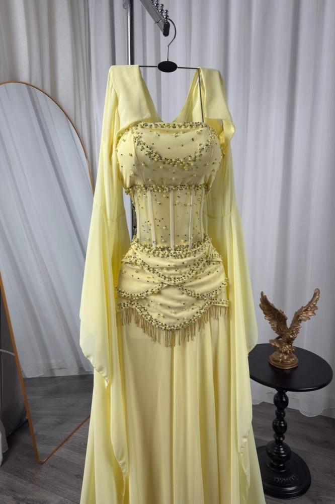 فستان سهره ناعم أوف شولدر بلون ليموني