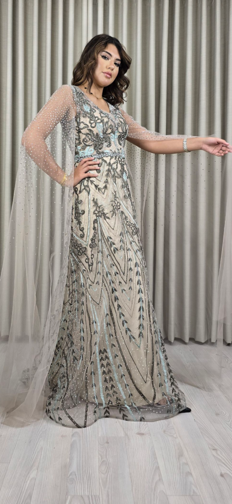 فستان القمر الملكي بتطريز لامع وأكمام شيفون