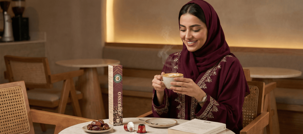 كوب سبانيش لاتيه حار جاهز للتقديم مع رغوة ورشة قرفة