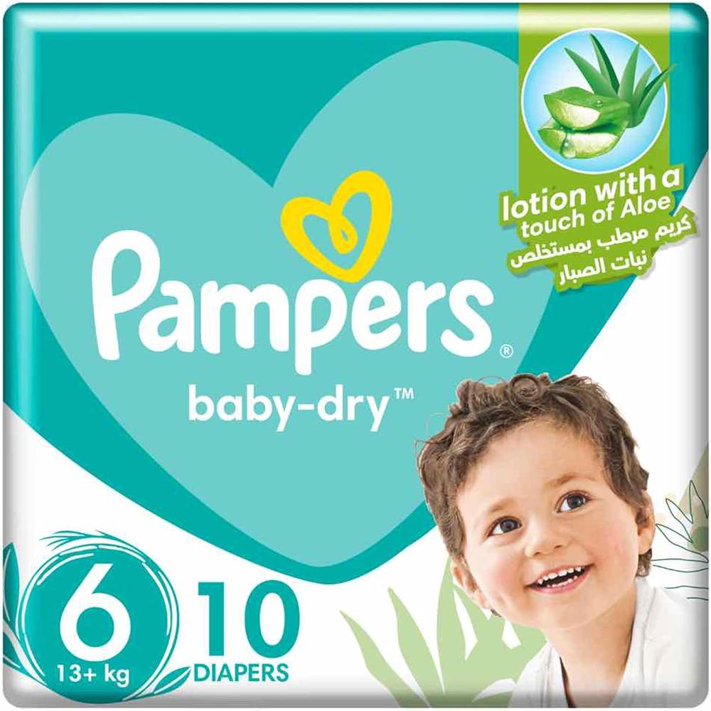 Pampers Aloe Vera Cream Diapers, Size 6, 13+ kg, 10 Diapers