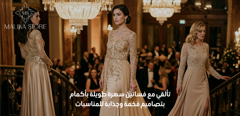فساتين سهرة طويلة بأكمام