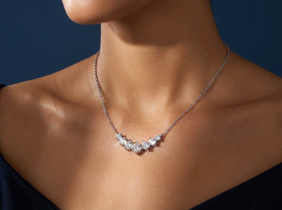 Close-up of Pleiades statement necklace showing brilliant moissanite s