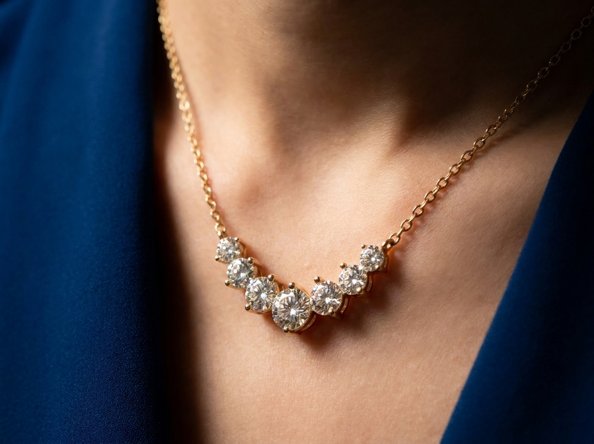 Woman wearing Pleiades moissanite necklace, 45cm sterling silver chain