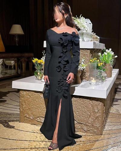 فستان اسود ناعم طويل