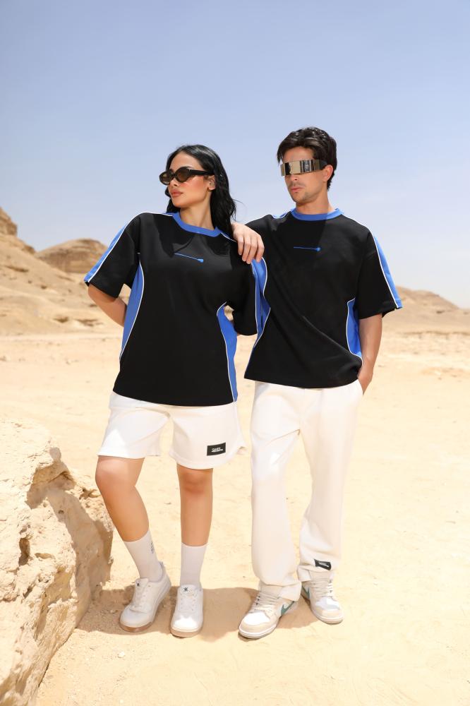 T-Shirt Oversize Unisex أسود x أزرق