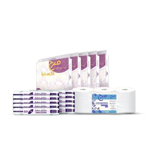 مناديل مرح اكسترا 10.000 مناديل + 6 ماكسي رول مرح 1500 شيت + مفارش سفرة 750 مفرش