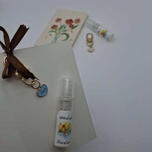 توزيعات عطر وميدليه بطاقه اهداء حجم العطر ٢مل