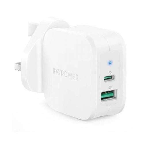 شاحن حائط راف باور 30 وات بمنفذين يو اس بي تايب سي أبيض